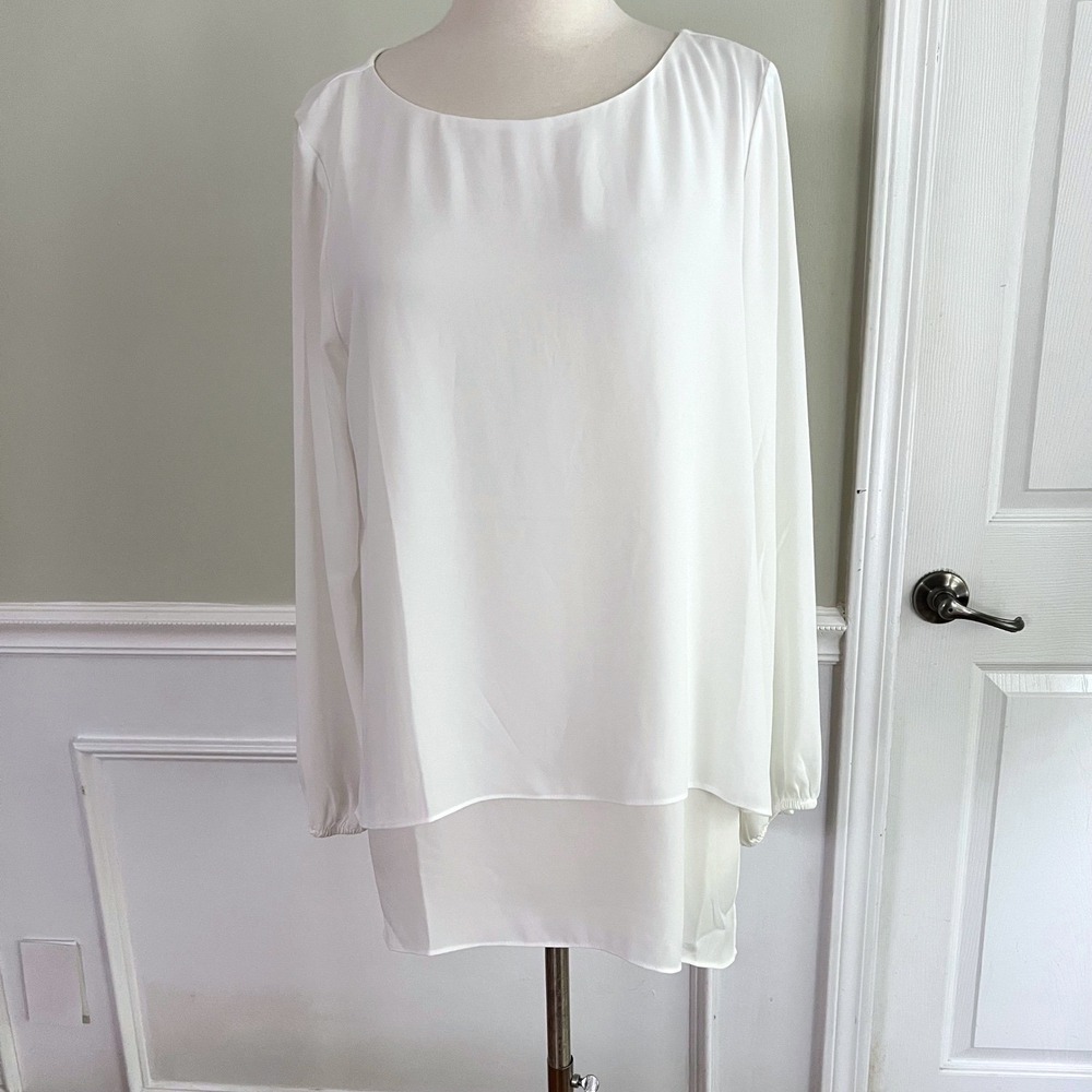 White House Black Market LSTiered Cascade Tunic Sz M Long Sleeve White Ethereal